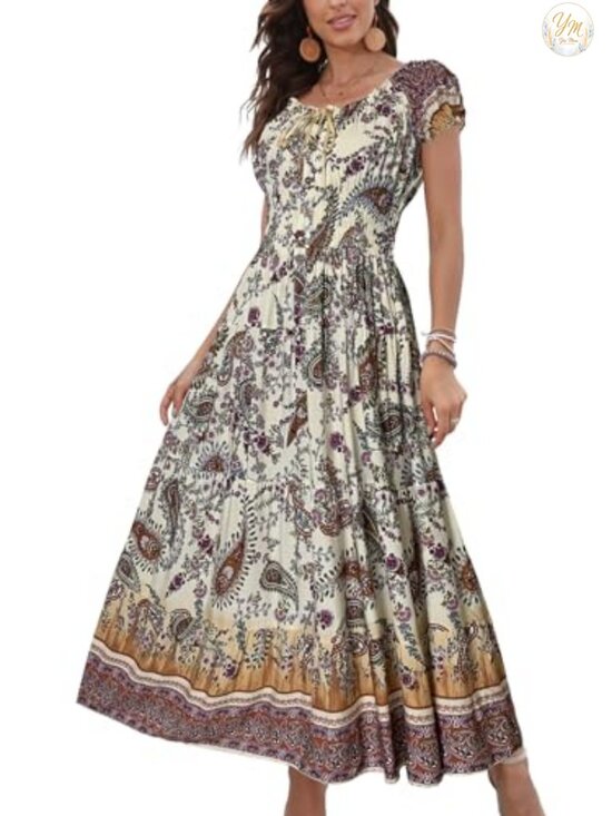 Dresses & Skirts - Boho Floral Tiered Maxi Dress Short Sleeve Scoop Neck Summer Casual Flowy